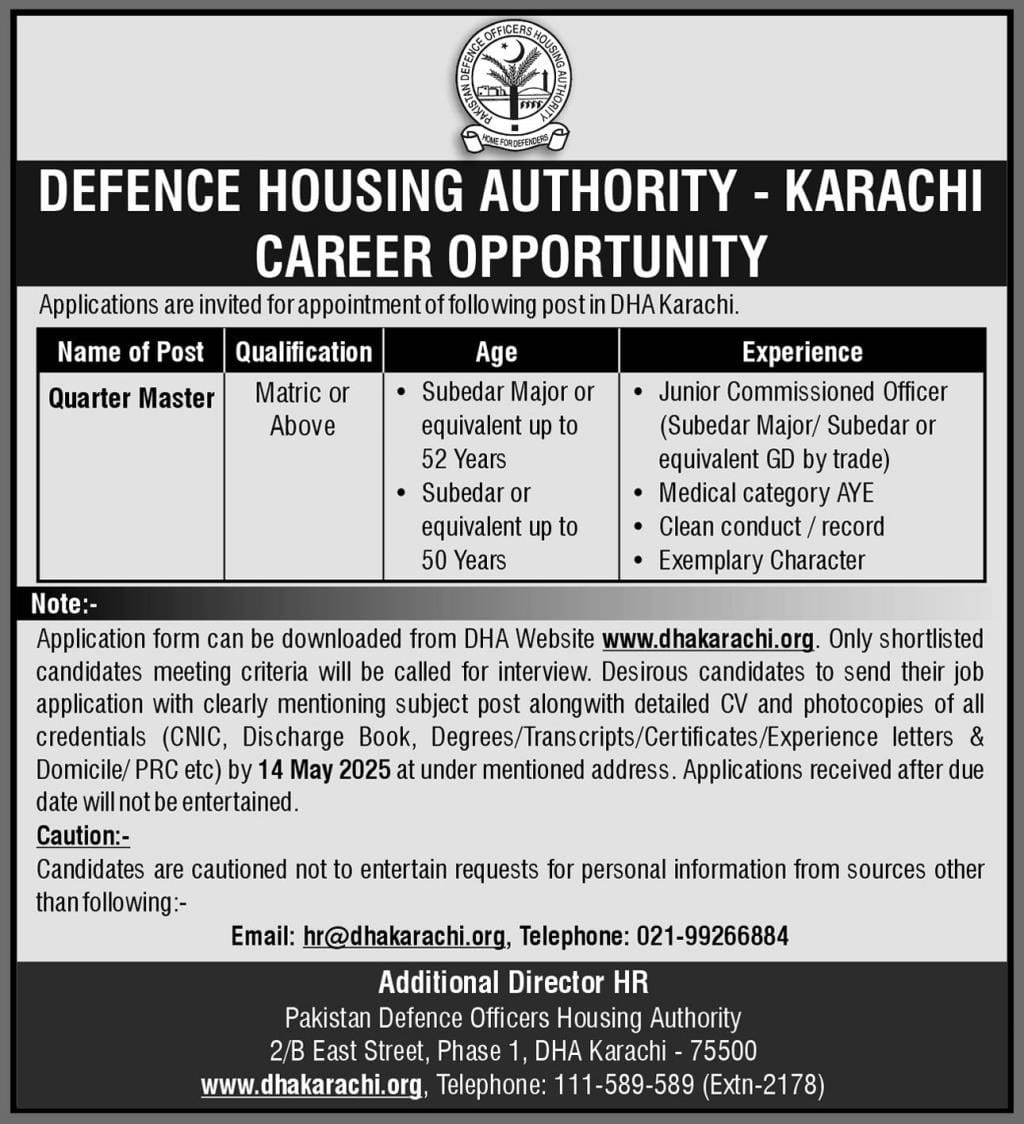 Defence Housing Authority DHA Karachi Jobs 2025