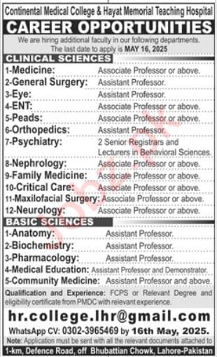 Latest Continental Medical College Lahore Jobs 2025